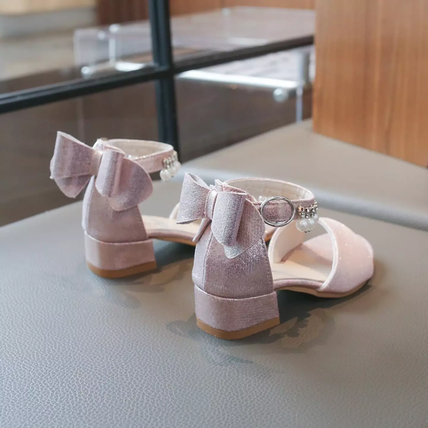 Girls Pink Pearl Fringe Bow Block Heel Sandals | Lucys 11056