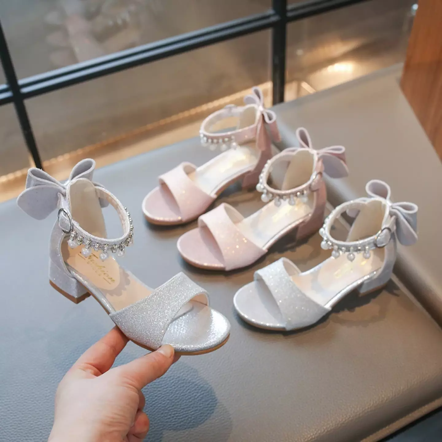 Girls Silver Pearl Fringe Bow Block Heel Sandals | Lucys 11057