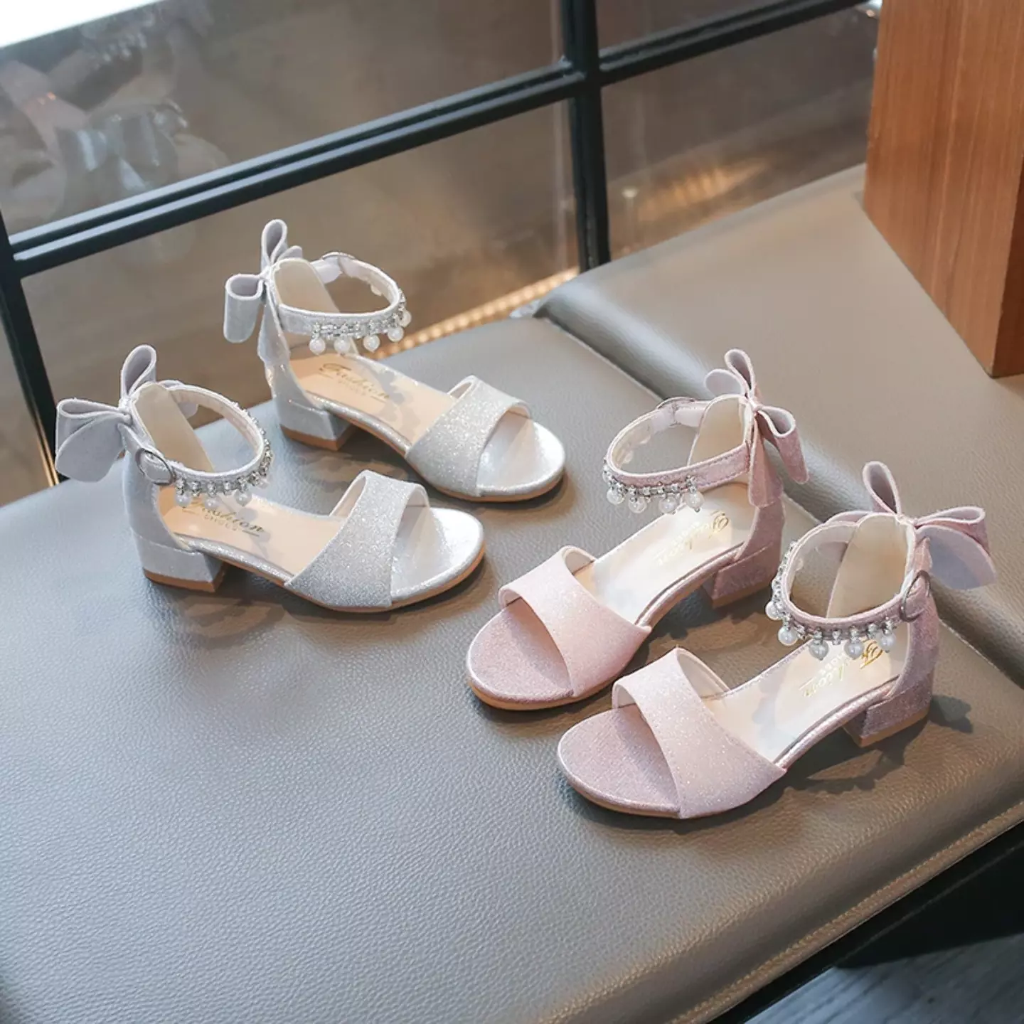 Girls Silver Pearl Fringe Bow Block Heel Sandals | Lucys 11057