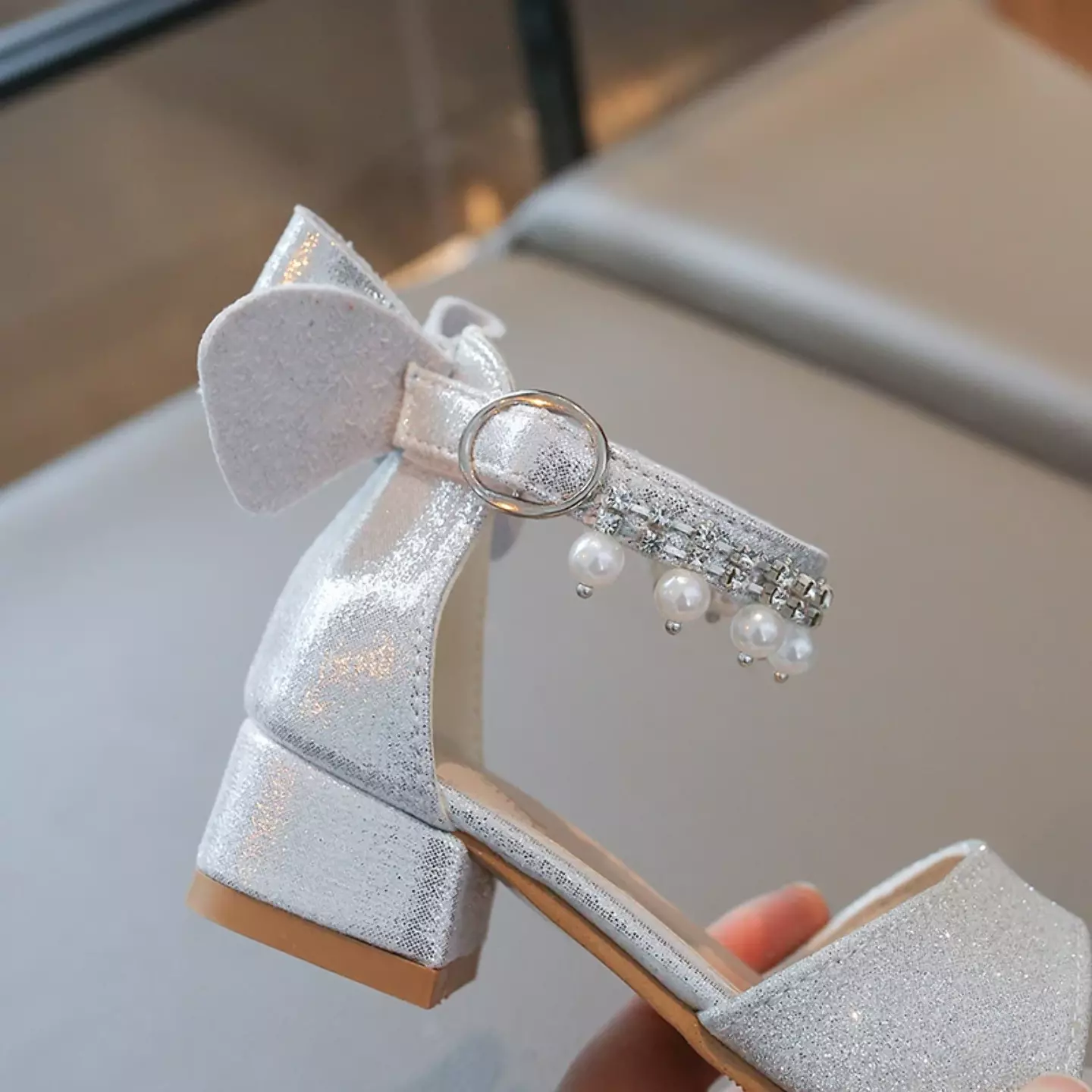 Girls Silver Pearl Fringe Bow Block Heel Sandals | Lucys 11057