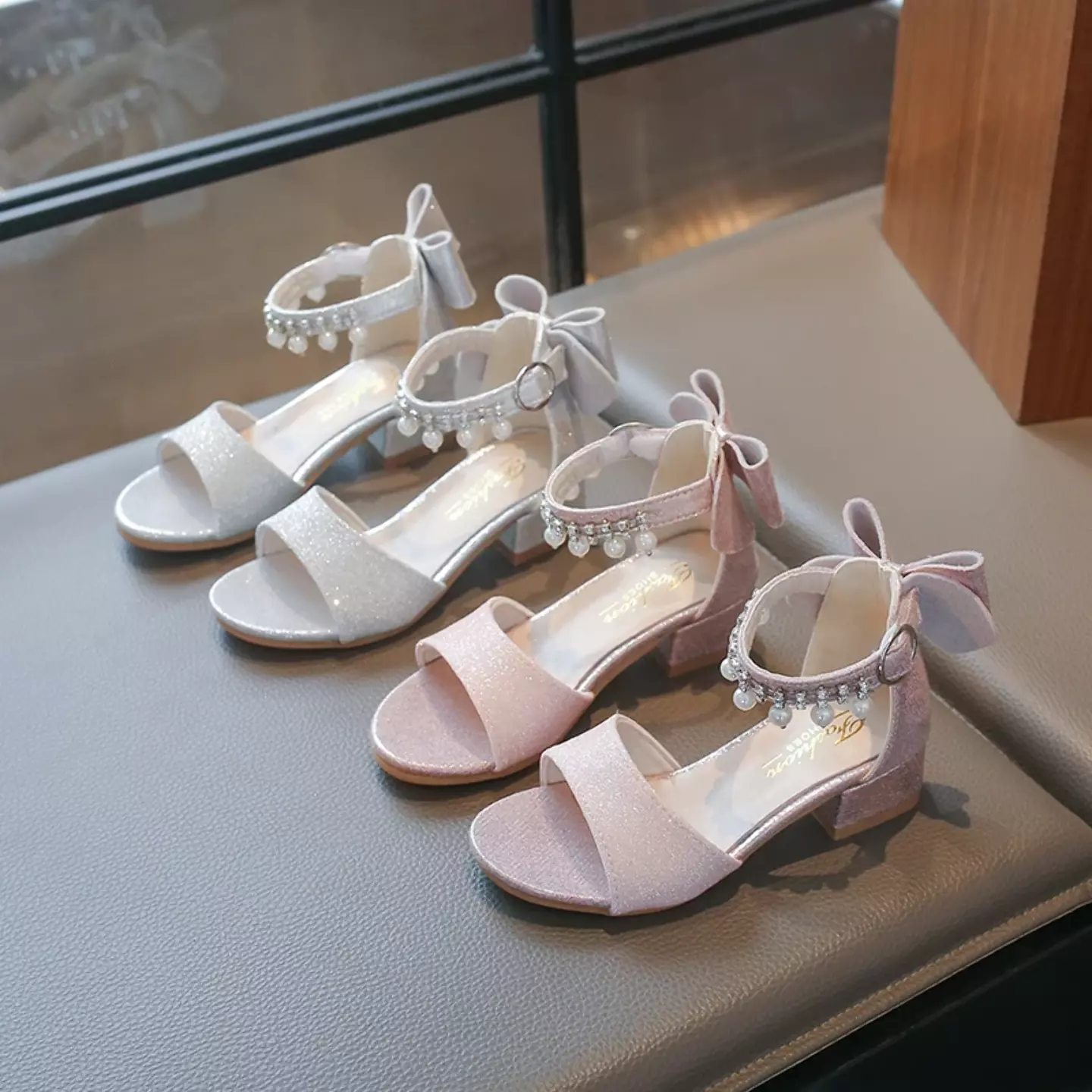 Girls Silver Pearl Fringe Bow Block Heel Sandals | Lucys 11057