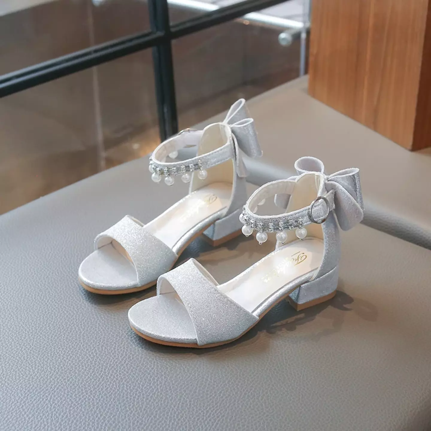 Girls Silver Pearl Fringe Bow Block Heel Sandals | Lucys 11057