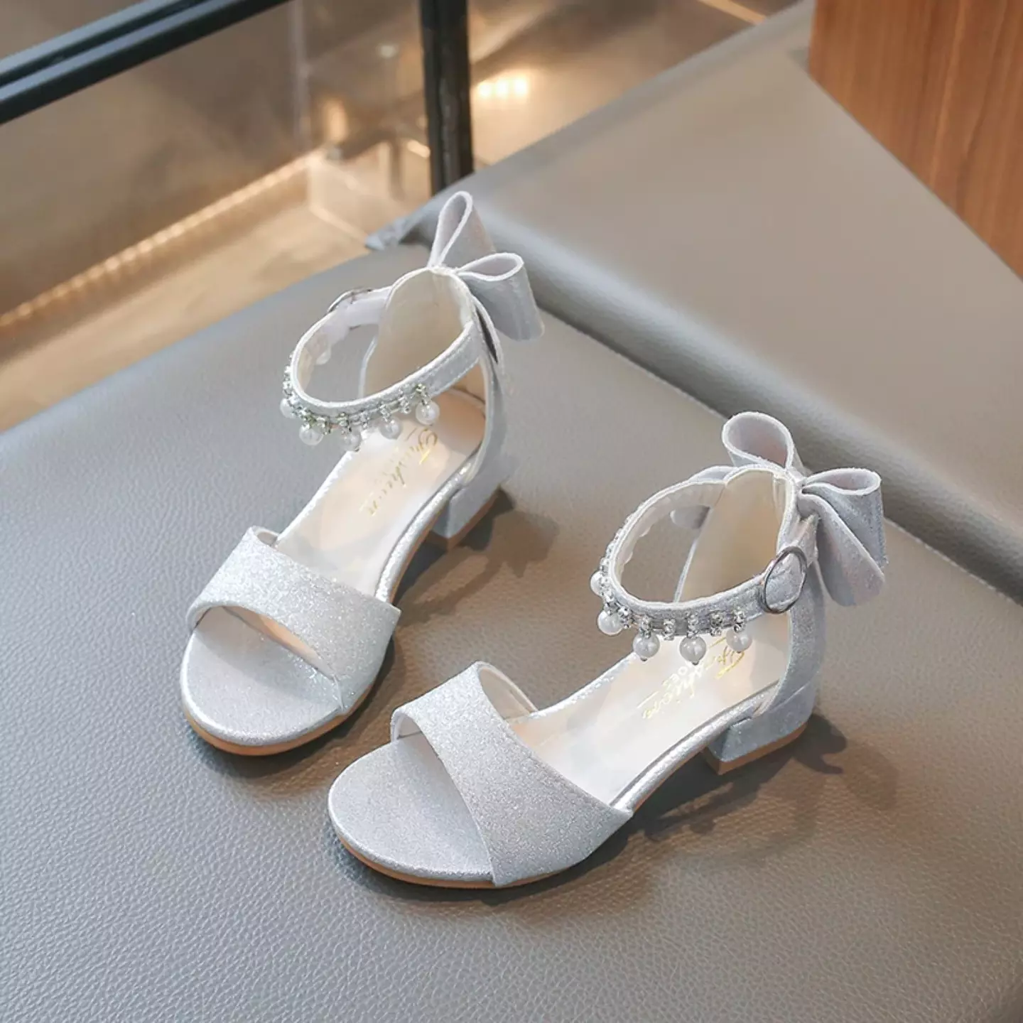 Girls Silver Pearl Fringe Bow Block Heel Sandals | Lucys 11057