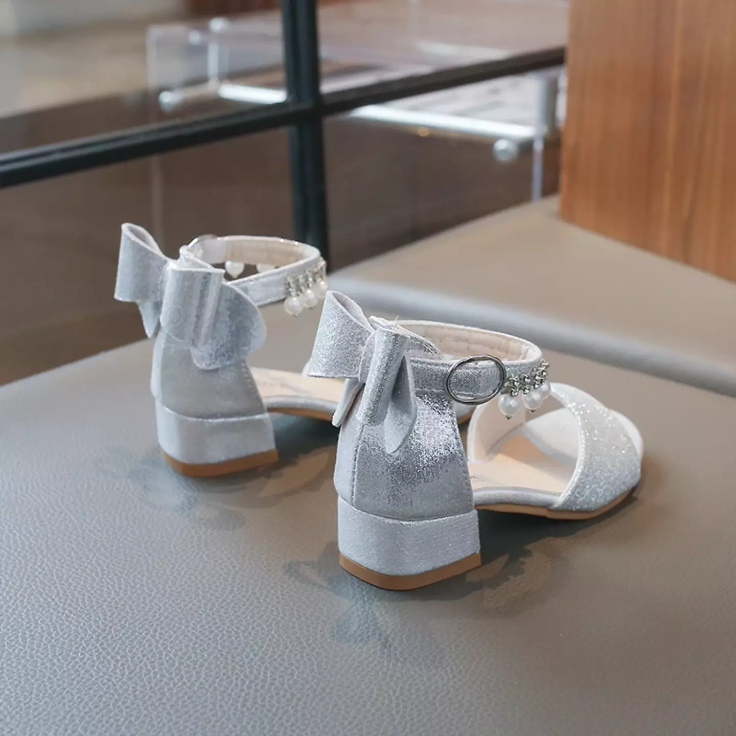 Girls Silver Pearl Fringe Bow Block Heel Sandals | Lucys 11057