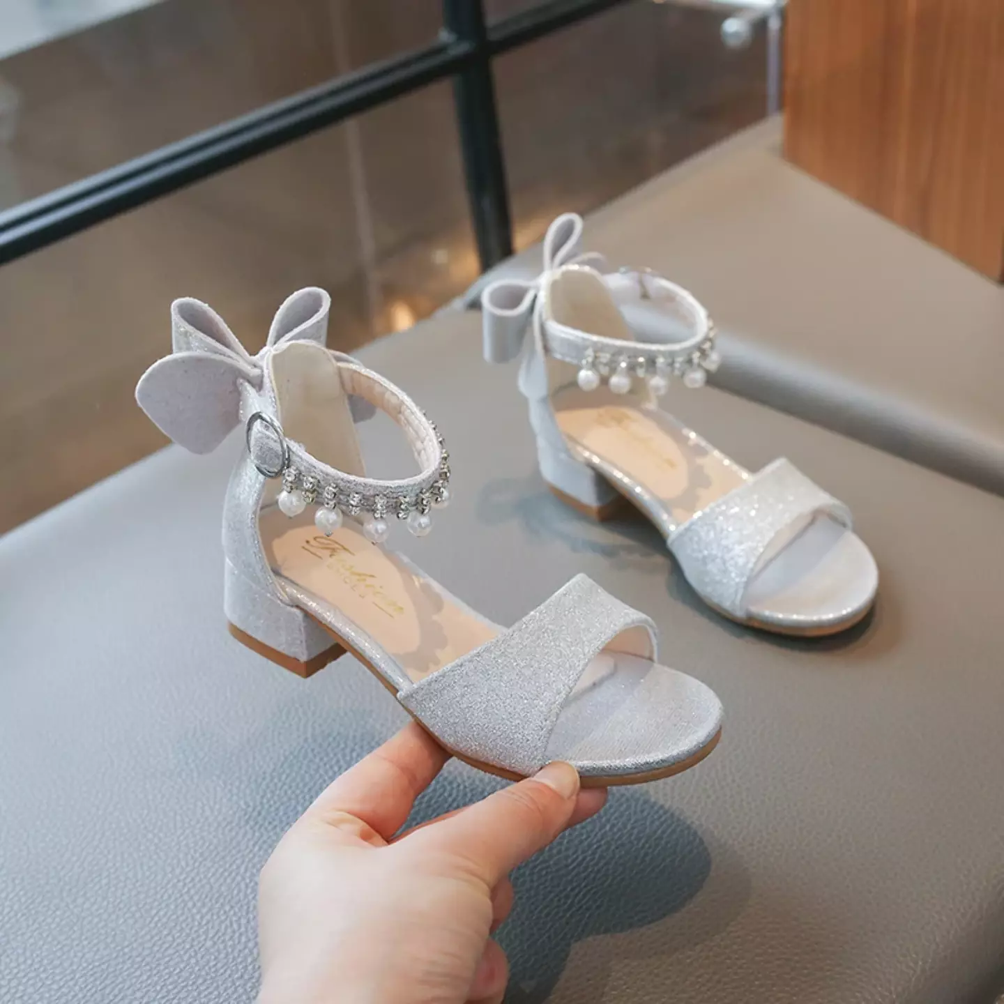 Girls Silver Pearl Fringe Bow Block Heel Sandals | Lucys 11057