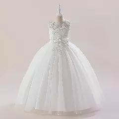 Stella White Sheer Yoke Corded Lace Knee Length Girls Flower Girl Dress | Lucys