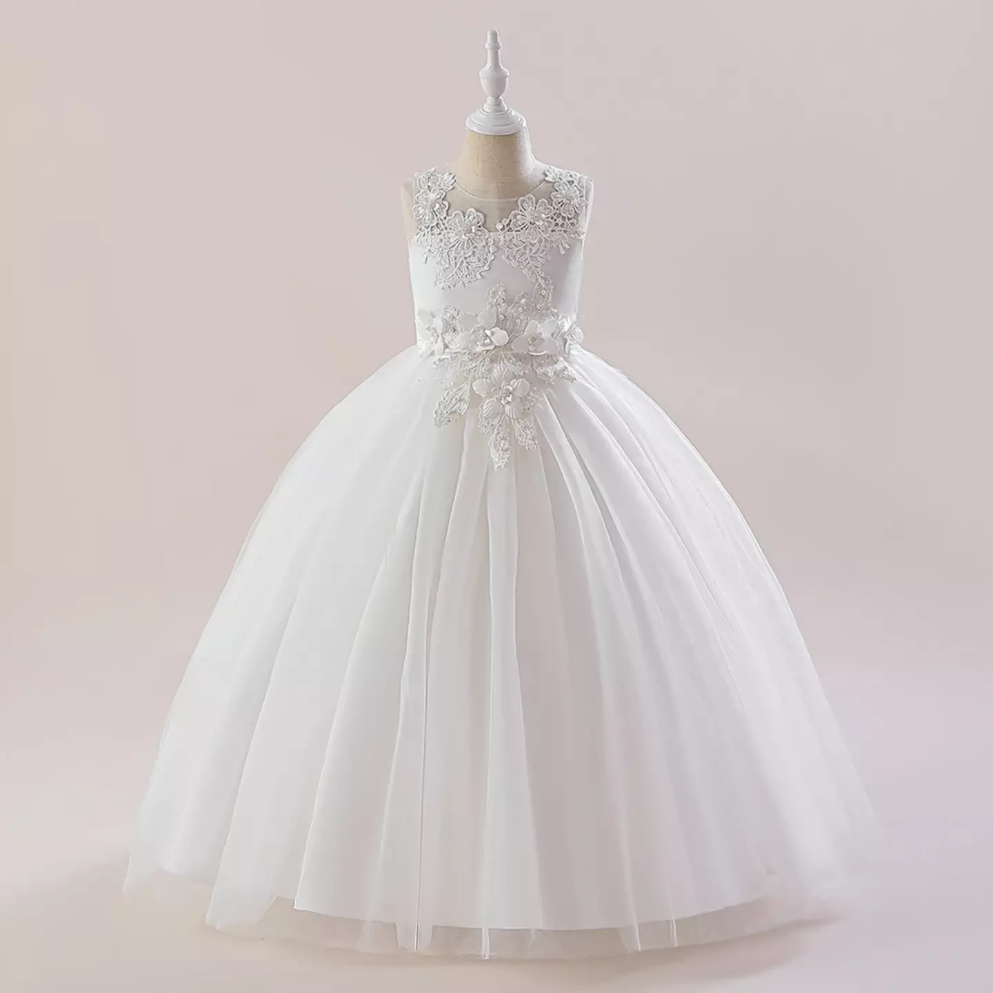 Stella White Sheer Yoke Corded Lace Knee Length Girls Flower Girl Dress | Lucys