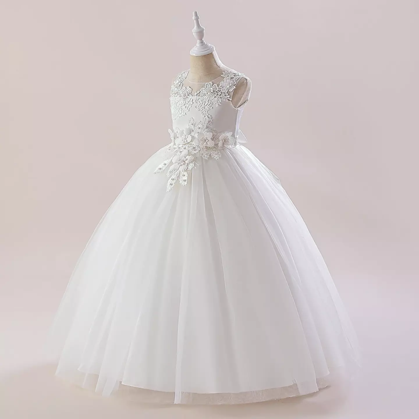 Stella White Sheer Yoke Corded Lace Knee Length Girls Flower Girl Dress | Lucys