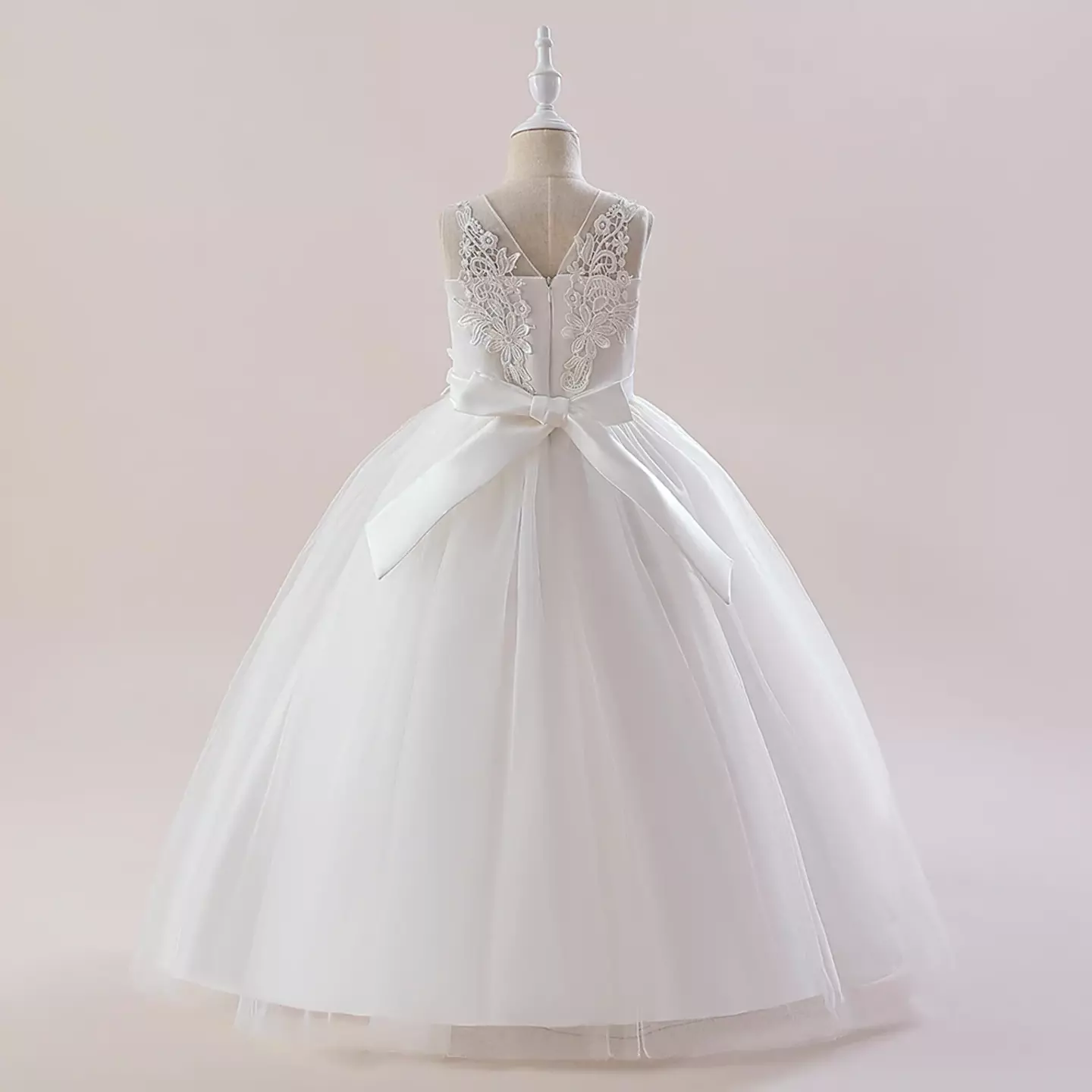 Stella White Sheer Yoke Corded Lace Knee Length Girls Flower Girl Dress | Lucys