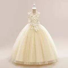 Stella Champagne Sheer Yoke Corded Lace Knee Length Junior Bridesmaid Dress | Lucys