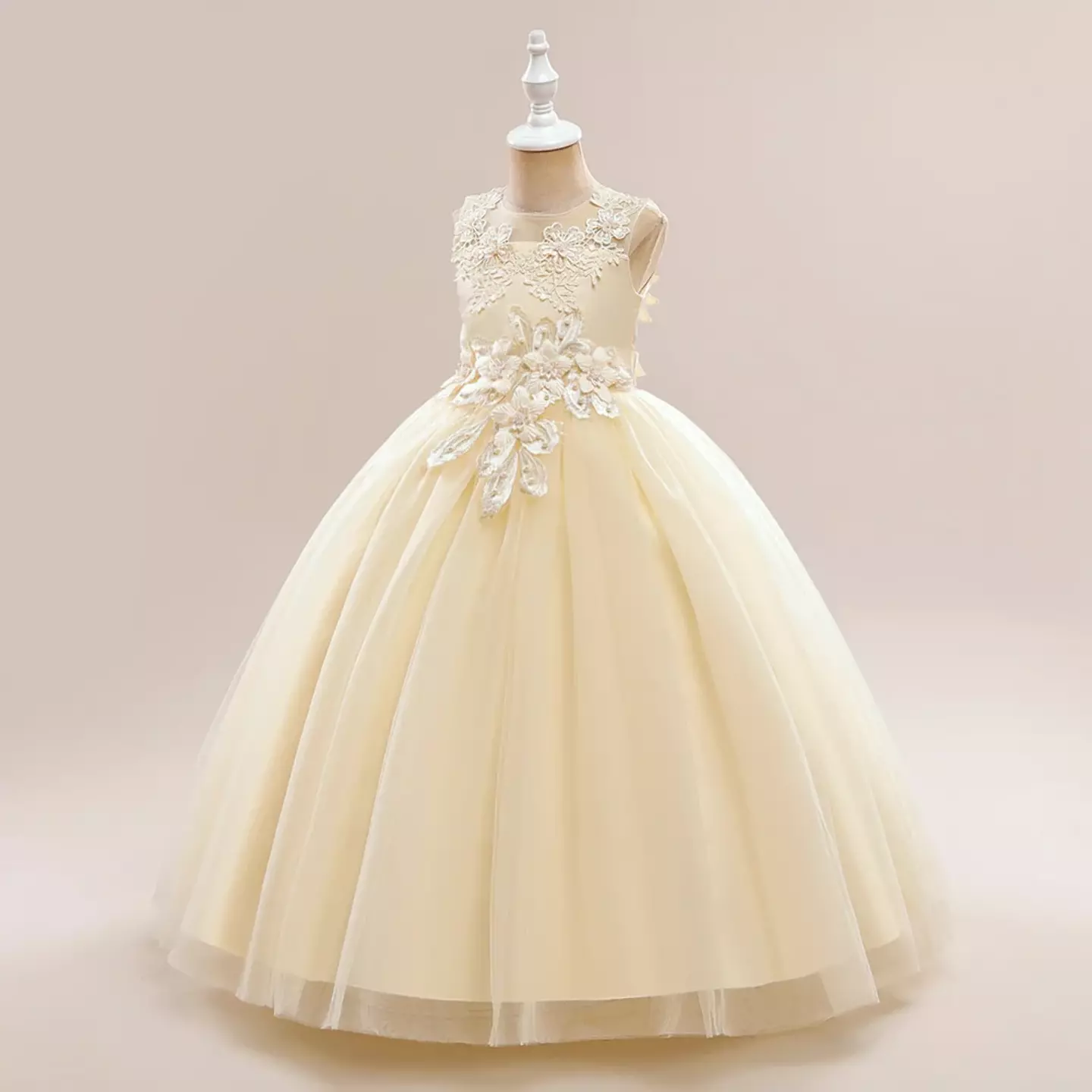 Stella Champagne Sheer Yoke Corded Lace Knee Length Junior Bridesmaid Dress | Lucys
