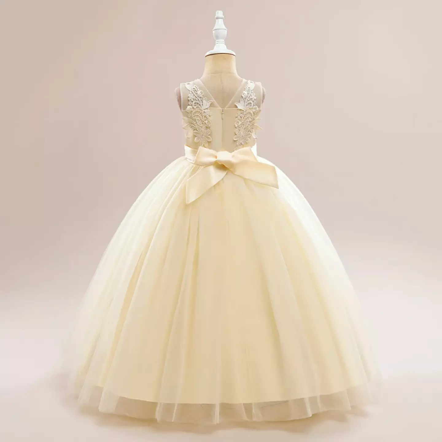 Stella Champagne Sheer Yoke Corded Lace Knee Length Junior Bridesmaid Dress | Lucys