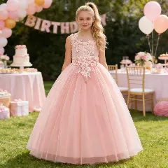 Stella Peach Pink Sheer Yoke Corded Lace Knee Length Junior Bridesmaid Dress | Lucys