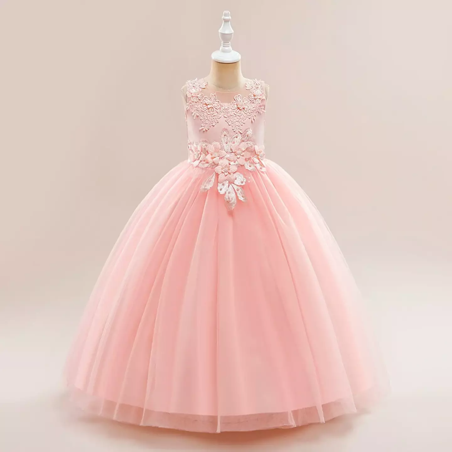 Stella Peach Pink Sheer Yoke Corded Lace Knee Length Junior Bridesmaid Dress | Lucys