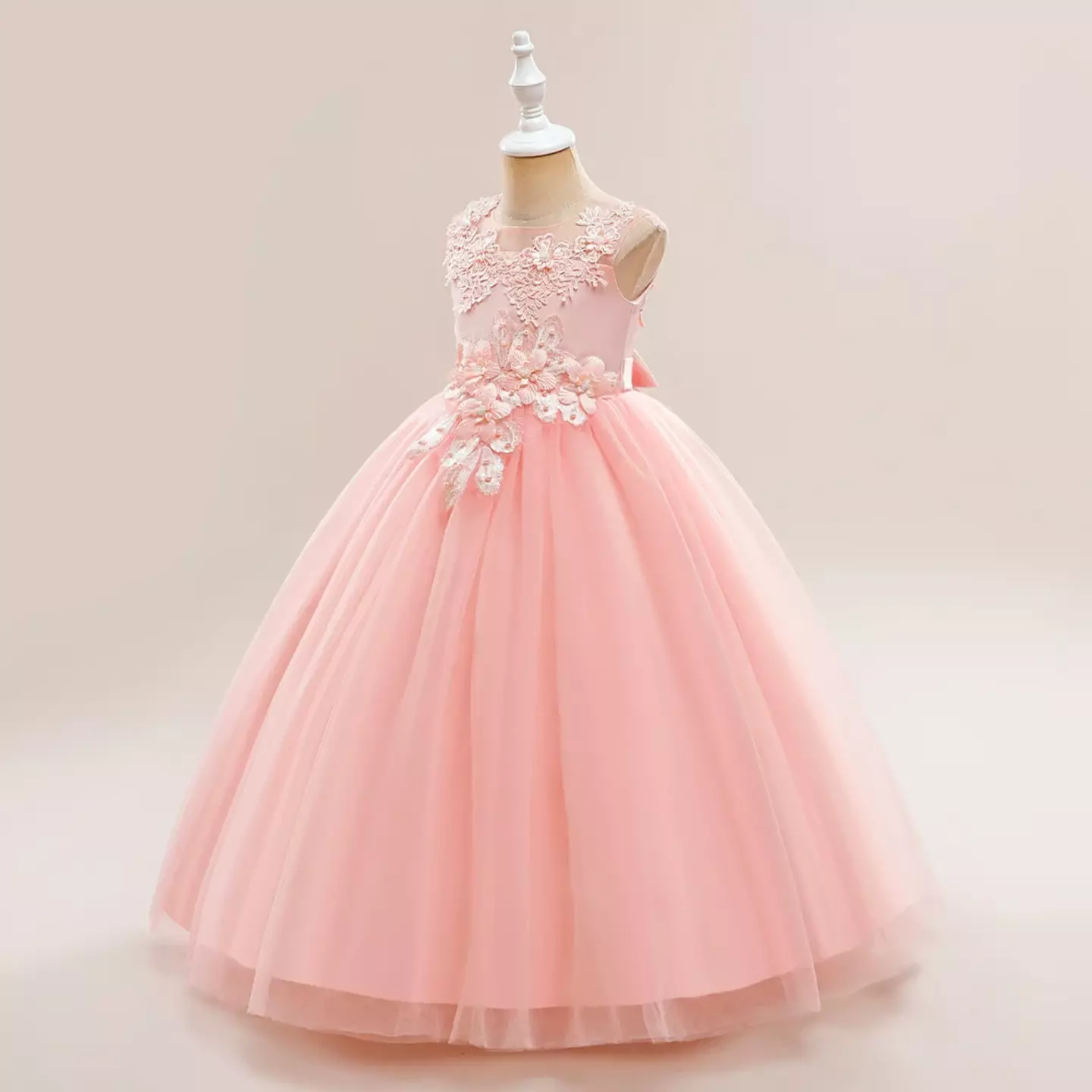 Stella Peach Pink Sheer Yoke Corded Lace Knee Length Junior Bridesmaid Dress | Lucys