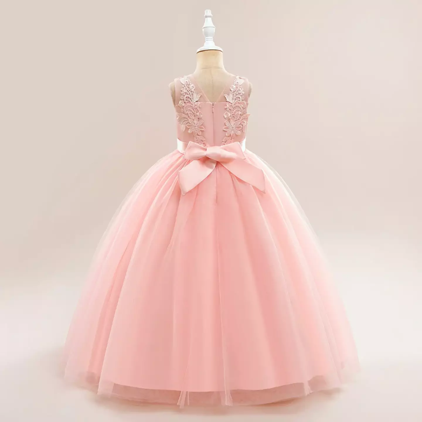 Stella Peach Pink Sheer Yoke Corded Lace Knee Length Junior Bridesmaid Dress | Lucys