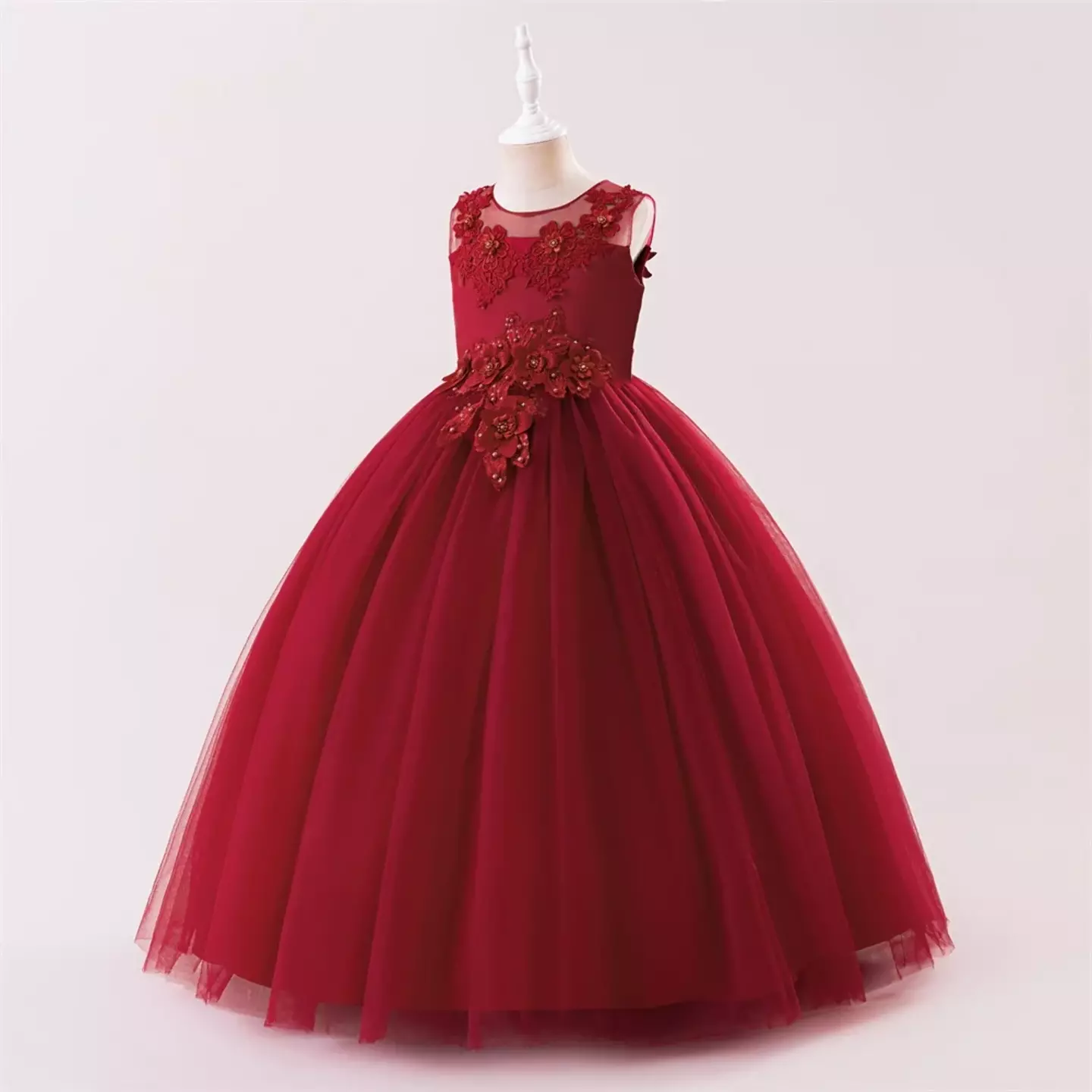 Stella Maroon Sheer Yoke Corded Lace Knee Length Junior Bridesmaid Dress | Lucys
