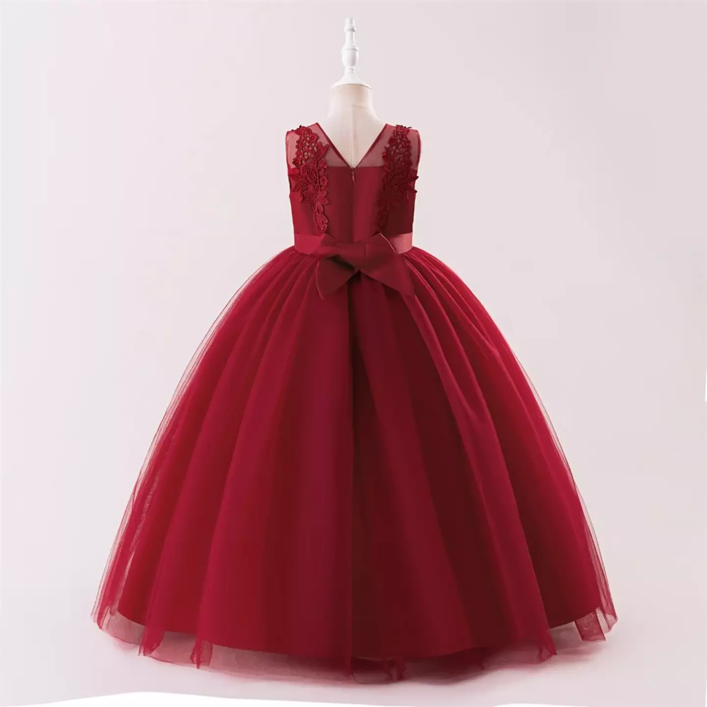 Stella Maroon Sheer Yoke Corded Lace Knee Length Junior Bridesmaid Dress | Lucys