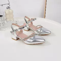 Girls Silver Diagonal Stone Strap Dress Shoes | Lucys 11082