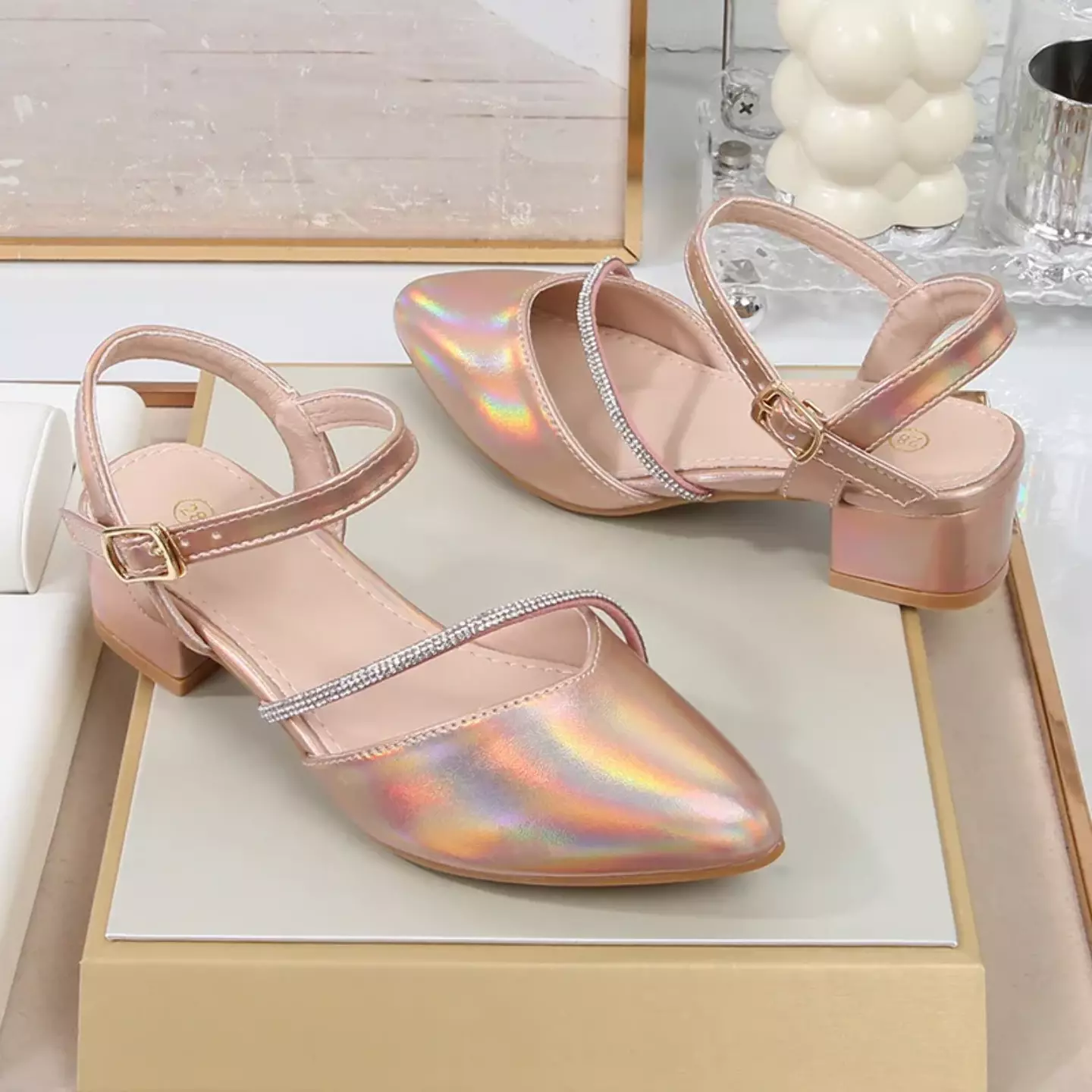 Girls Dusty Pink Diagonal Stone Strap Dress Shoes | Lucys 11084
