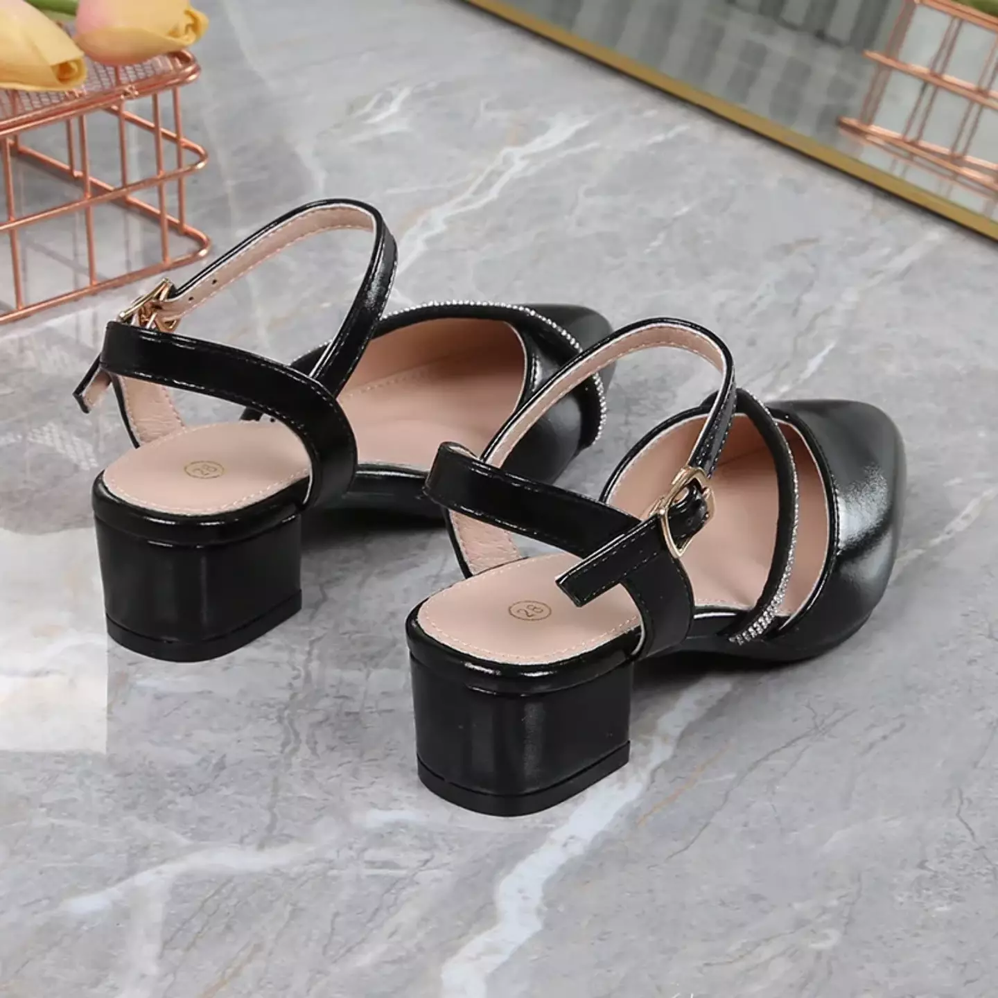 Girls Black Diagonal Stone Strap Dress Shoes | Lucys 11080