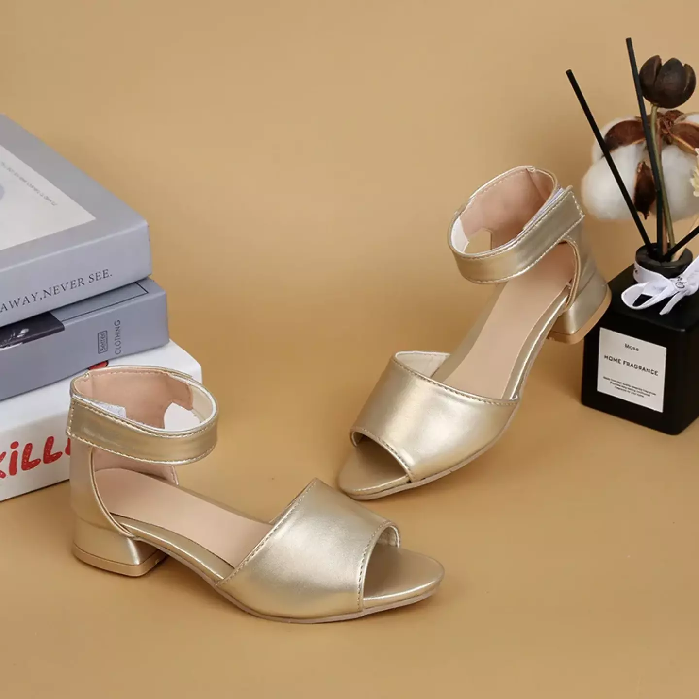 Young Girls & Girls Gold Three-Strap Low Block Heel Sandals | Lucys 11101