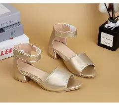 Young Girls & Girls Gold Three-Strap Low Block Heel Sandals | Lucys 11101