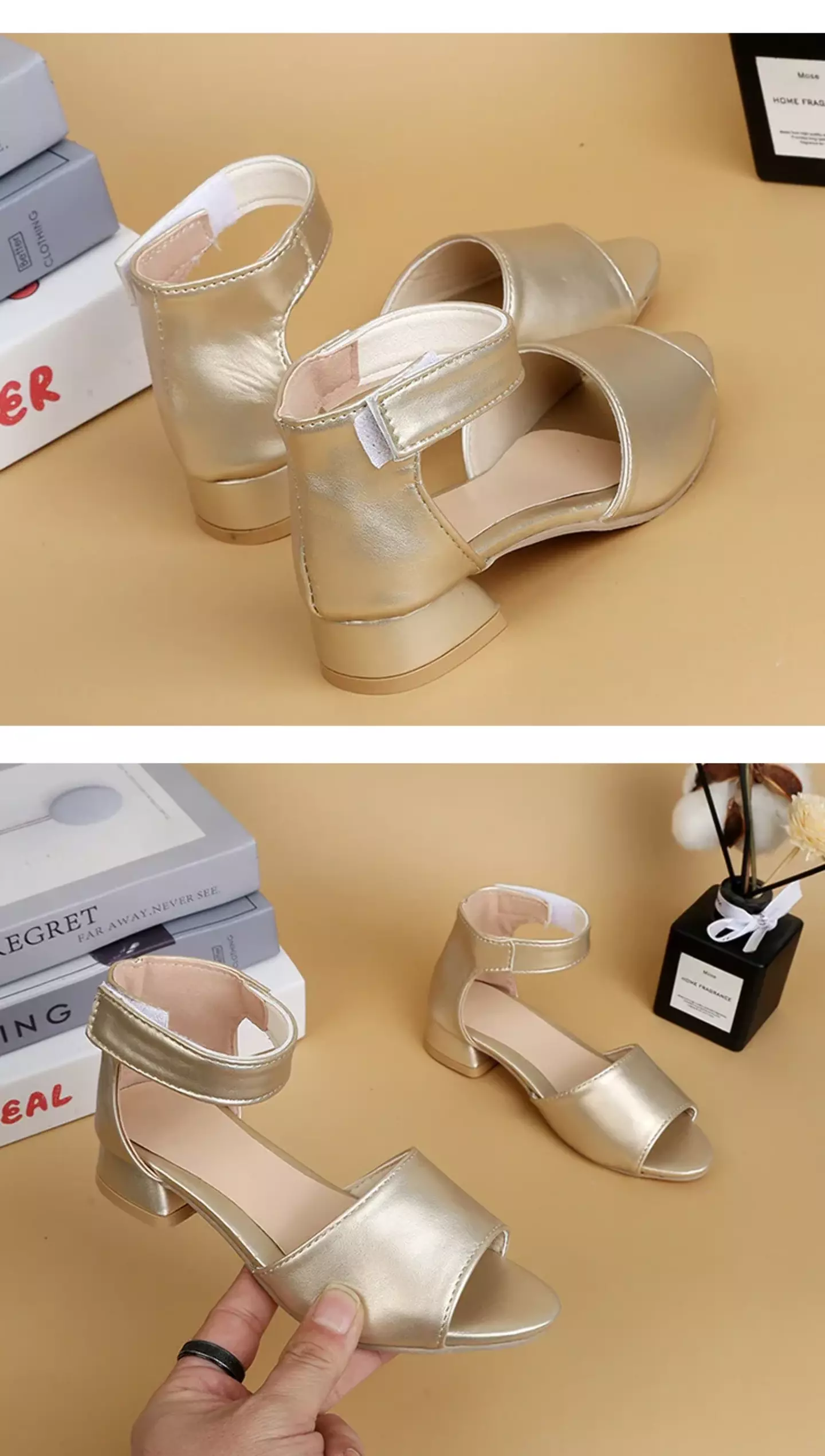Young Girls & Girls Gold Three-Strap Low Block Heel Sandals | Lucys 11101
