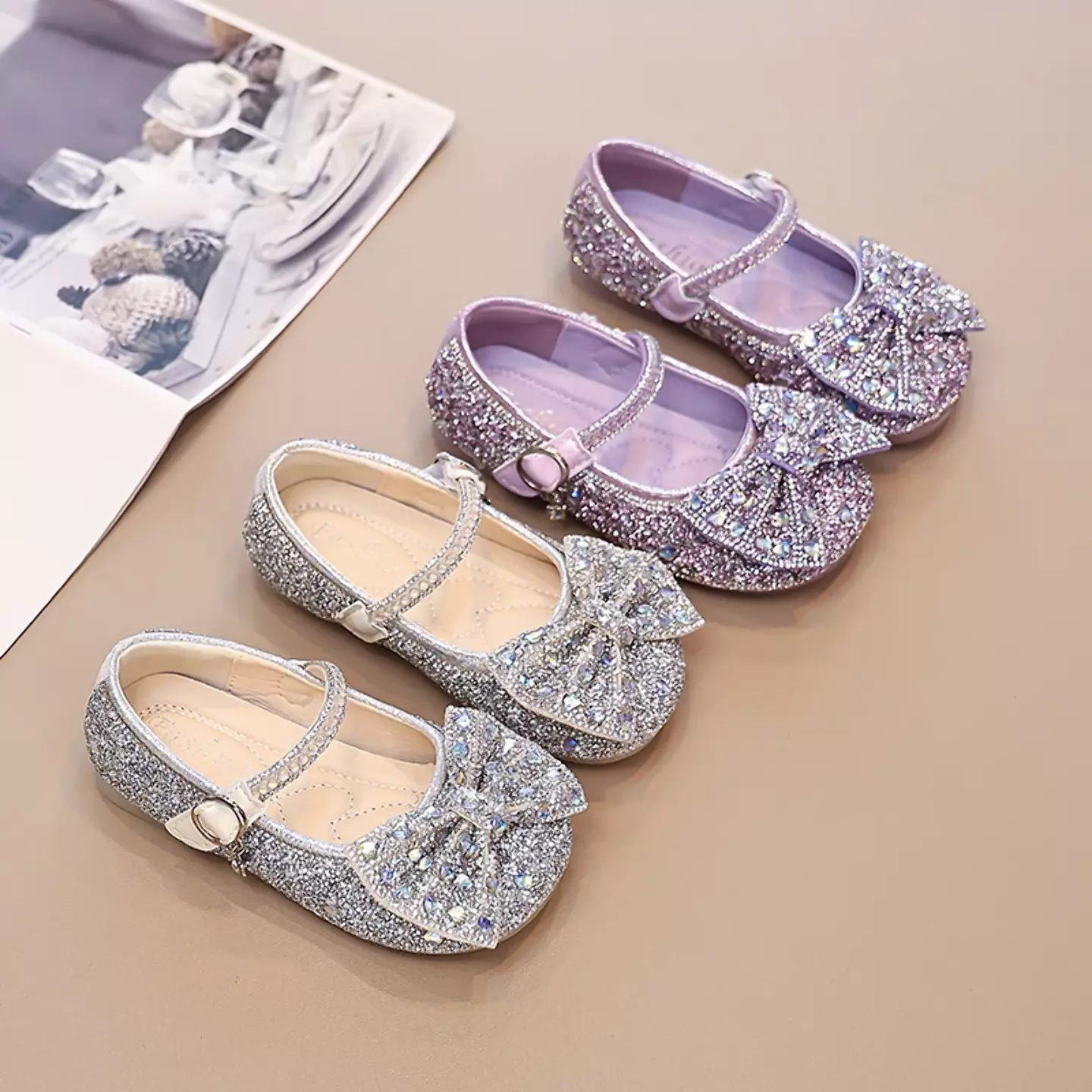 Girls Silver Faceted Bow Mary Jane Flats | Lucys 11124