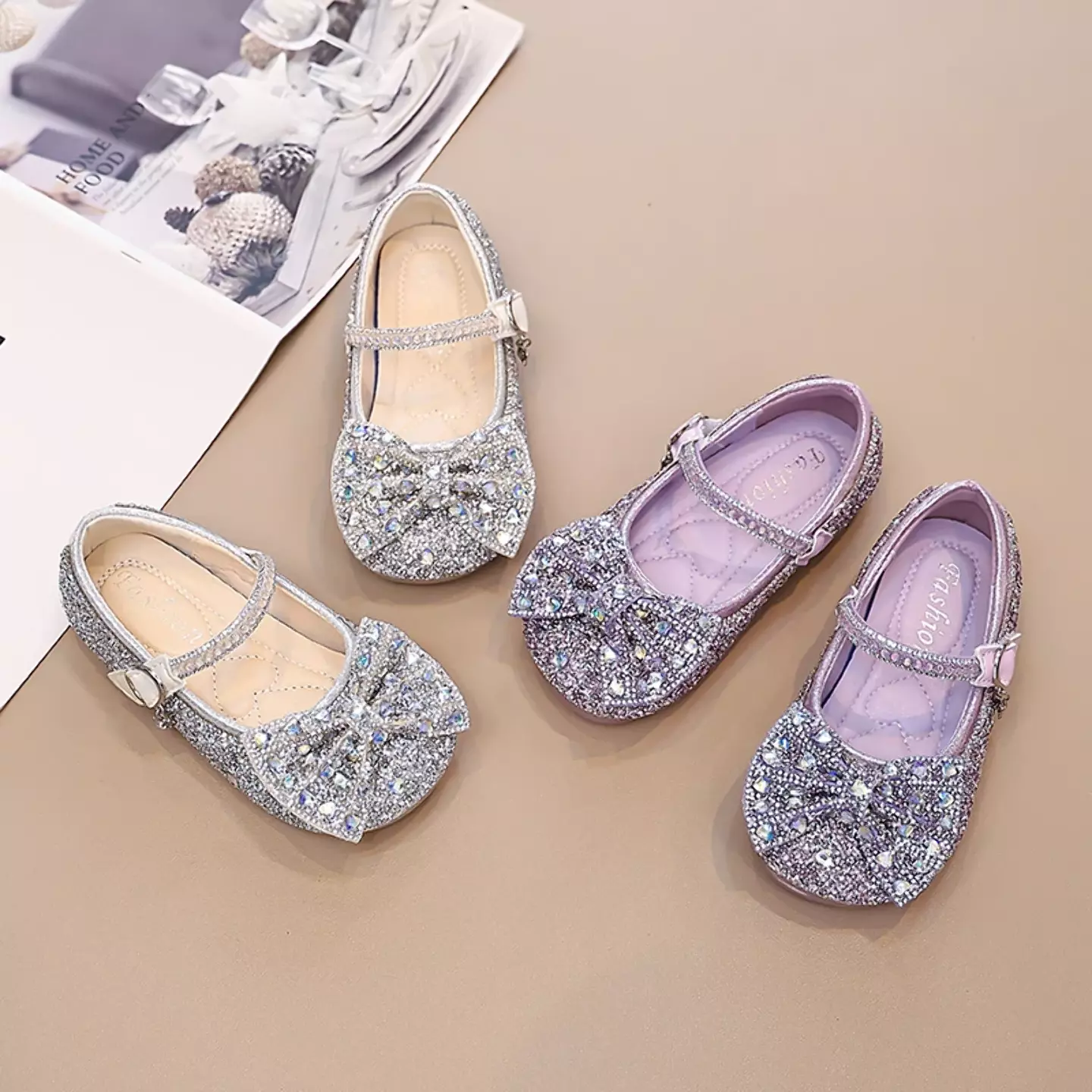 Girls Silver Faceted Bow Mary Jane Flats | Lucys 11124