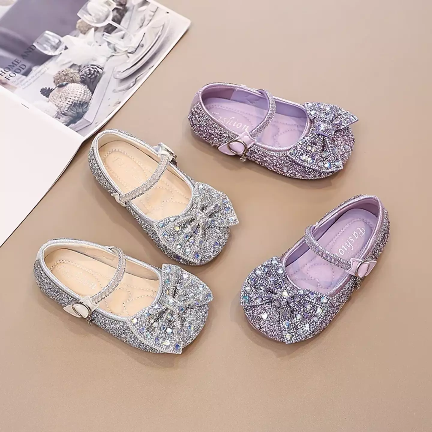 Girls Silver Faceted Bow Mary Jane Flats | Lucys 11124