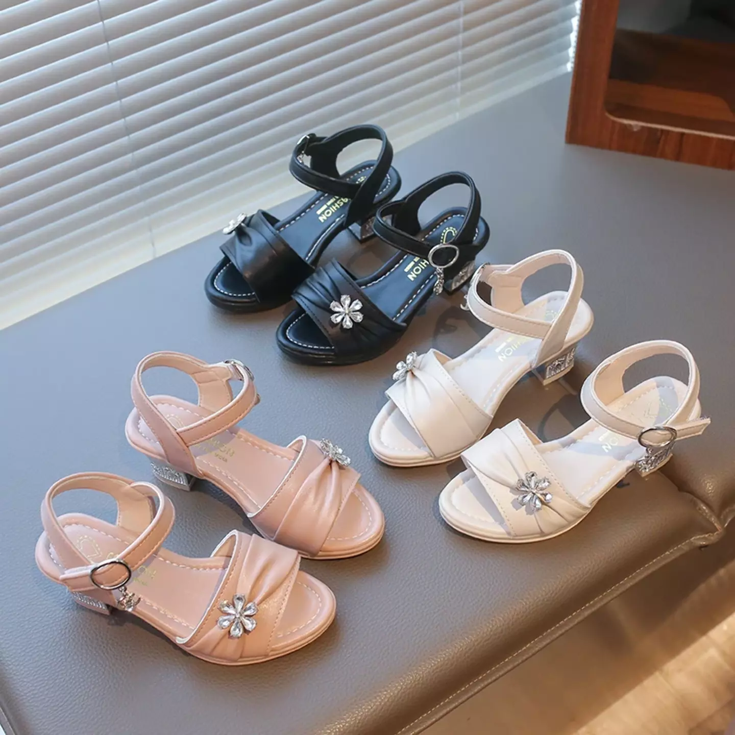 Girls Black Crystal Flower Ruched Sandals | Lucys 11132