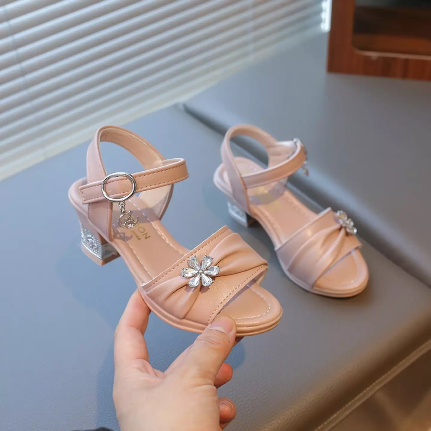 Girls Dusty Pink Crystal Flower Ruched Sandals | Lucys 11133