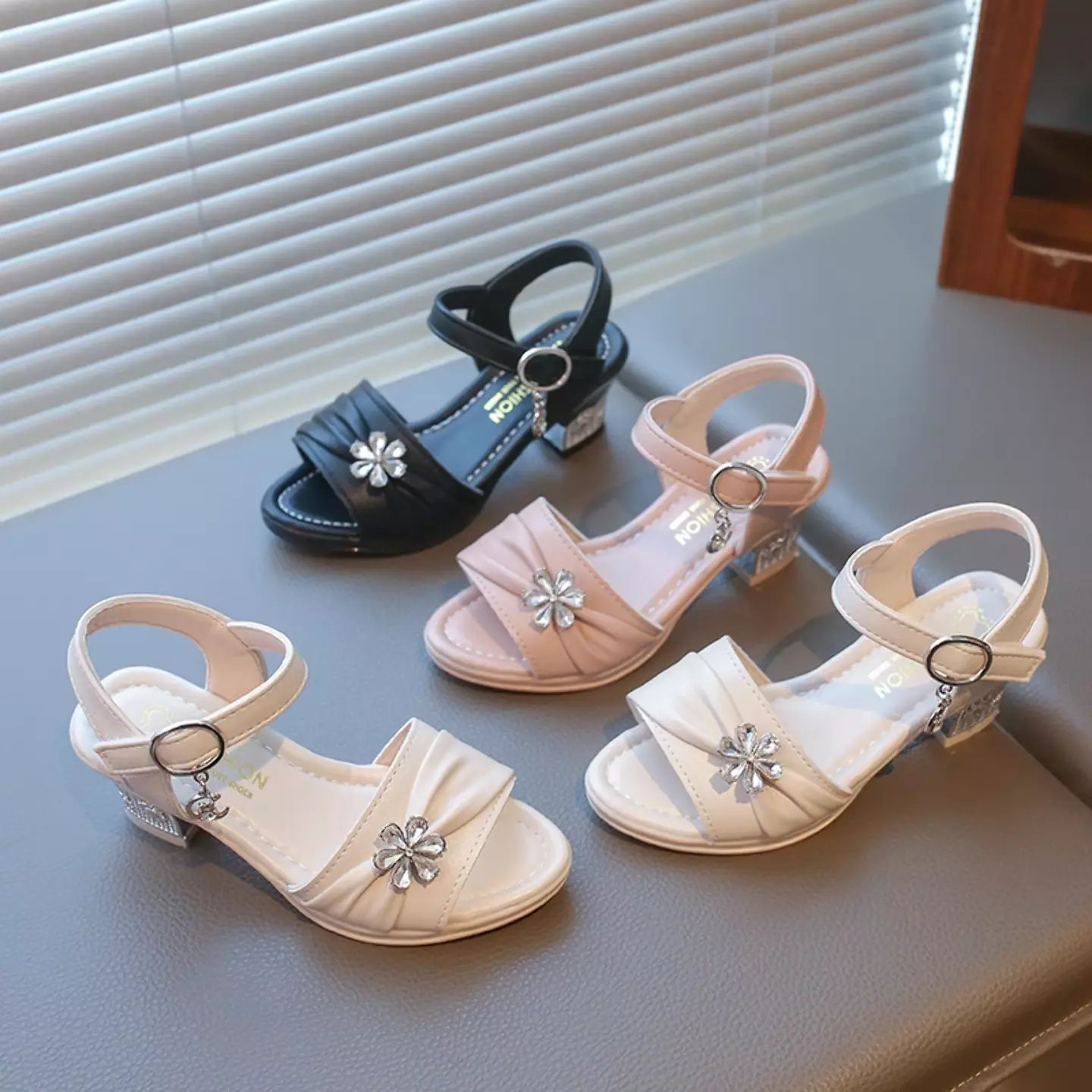 Girls Ivory Crystal Flower Ruched Sandals | Lucys 11134
