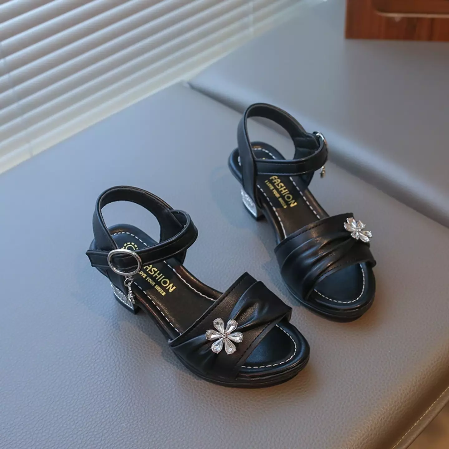 Girls Black Crystal Flower Ruched Sandals | Lucys 11132