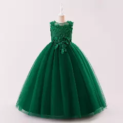 Stella Forest Green Sheer Yoke Corded Lace Knee Length Junior Bridesmaid Dress | Lucys