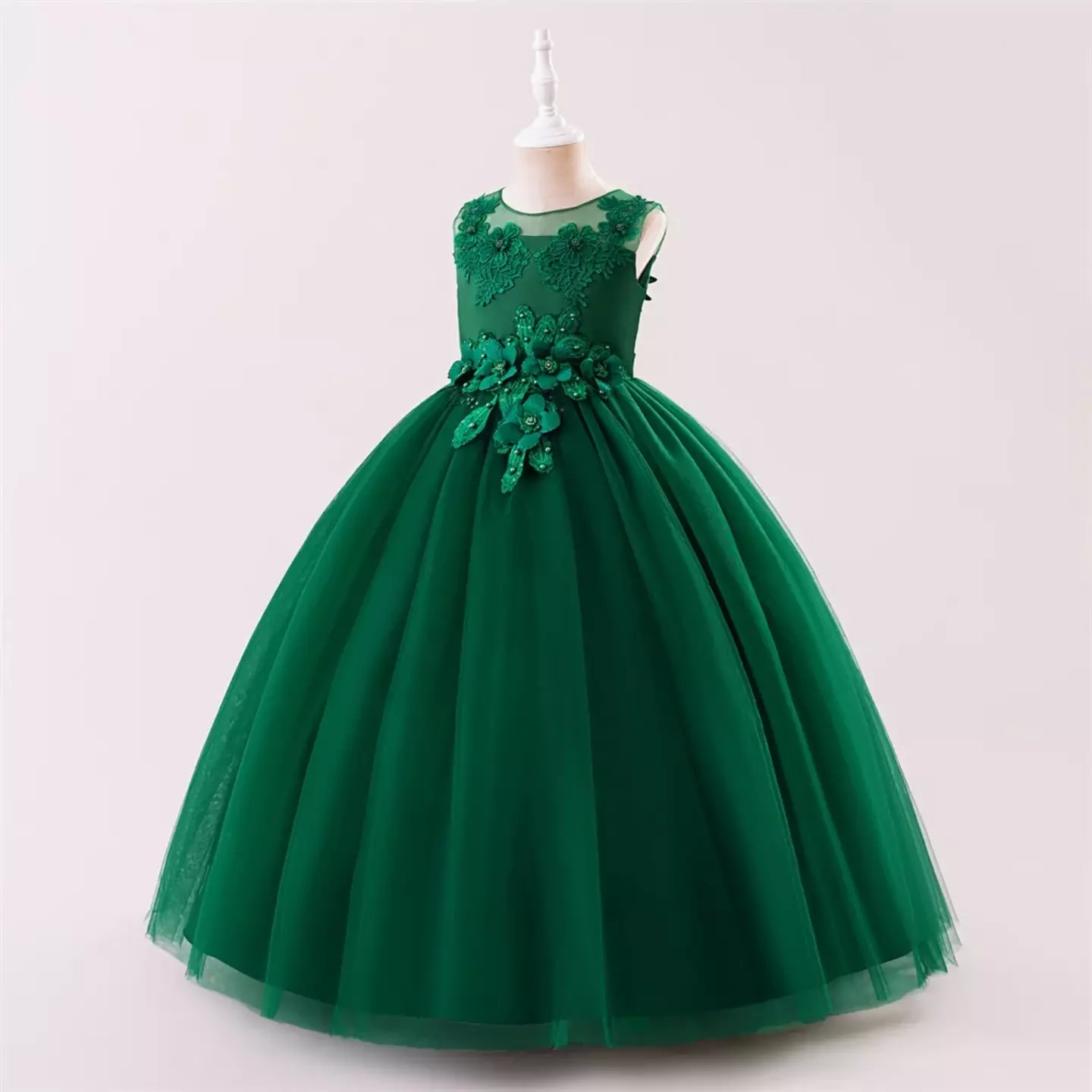 Stella Forest Green Sheer Yoke Corded Lace Knee Length Junior Bridesmaid Dress | Lucys