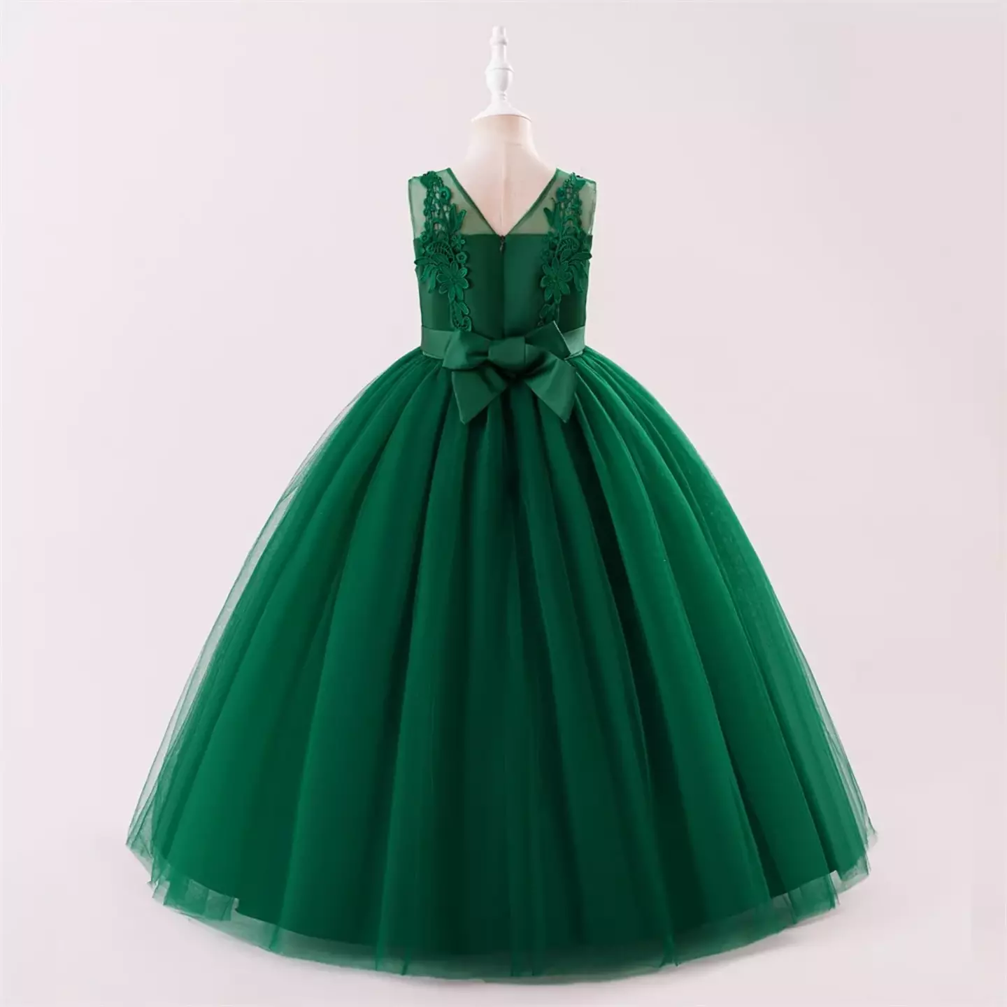Stella Forest Green Sheer Yoke Corded Lace Knee Length Junior Bridesmaid Dress | Lucys