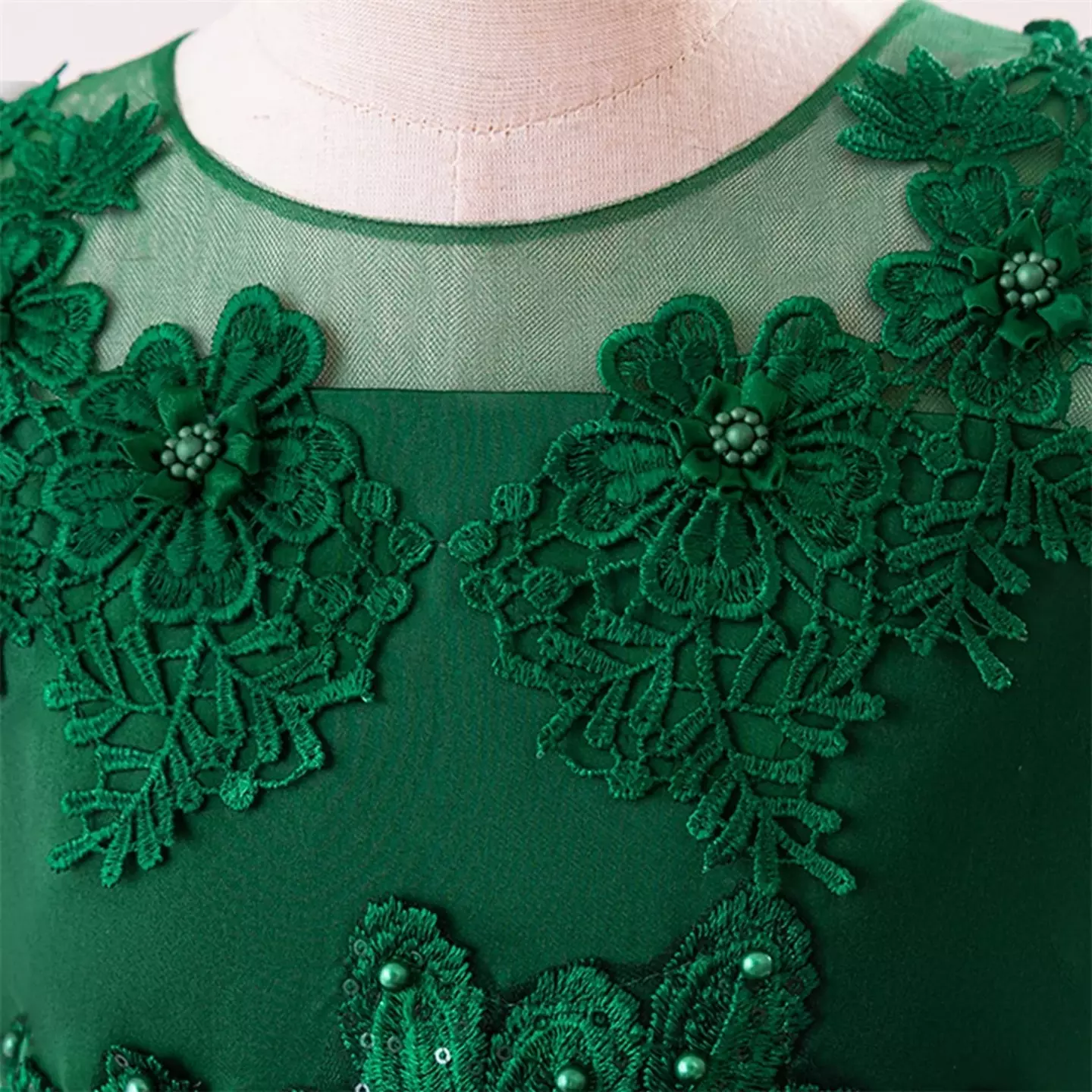 Stella Forest Green Sheer Yoke Corded Lace Knee Length Junior Bridesmaid Dress | Lucys