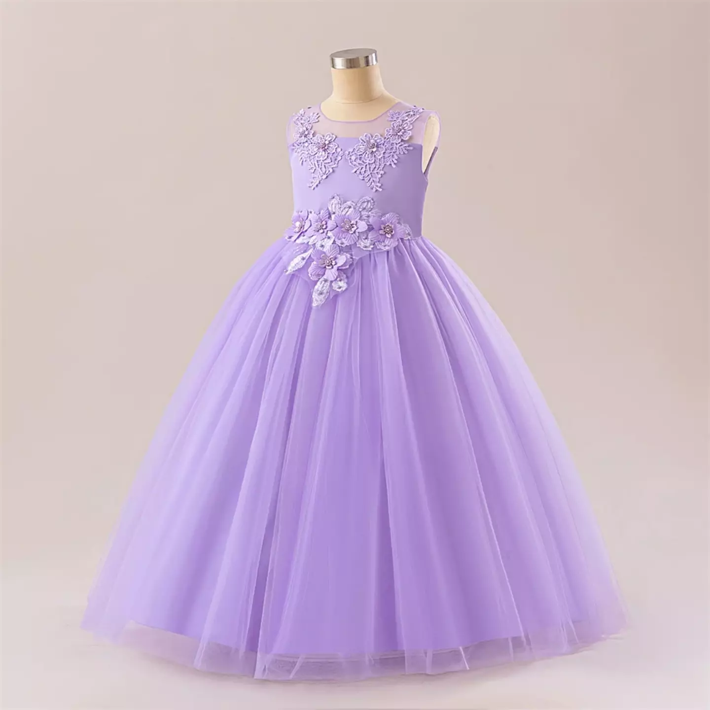 Stella Lavender Sheer Yoke Corded Lace Knee Length Junior Bridesmaid Dress | Lucys