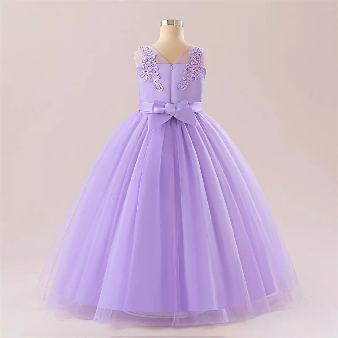 Stella Lavender Sheer Yoke Corded Lace Knee Length Junior Bridesmaid Dress | Lucys