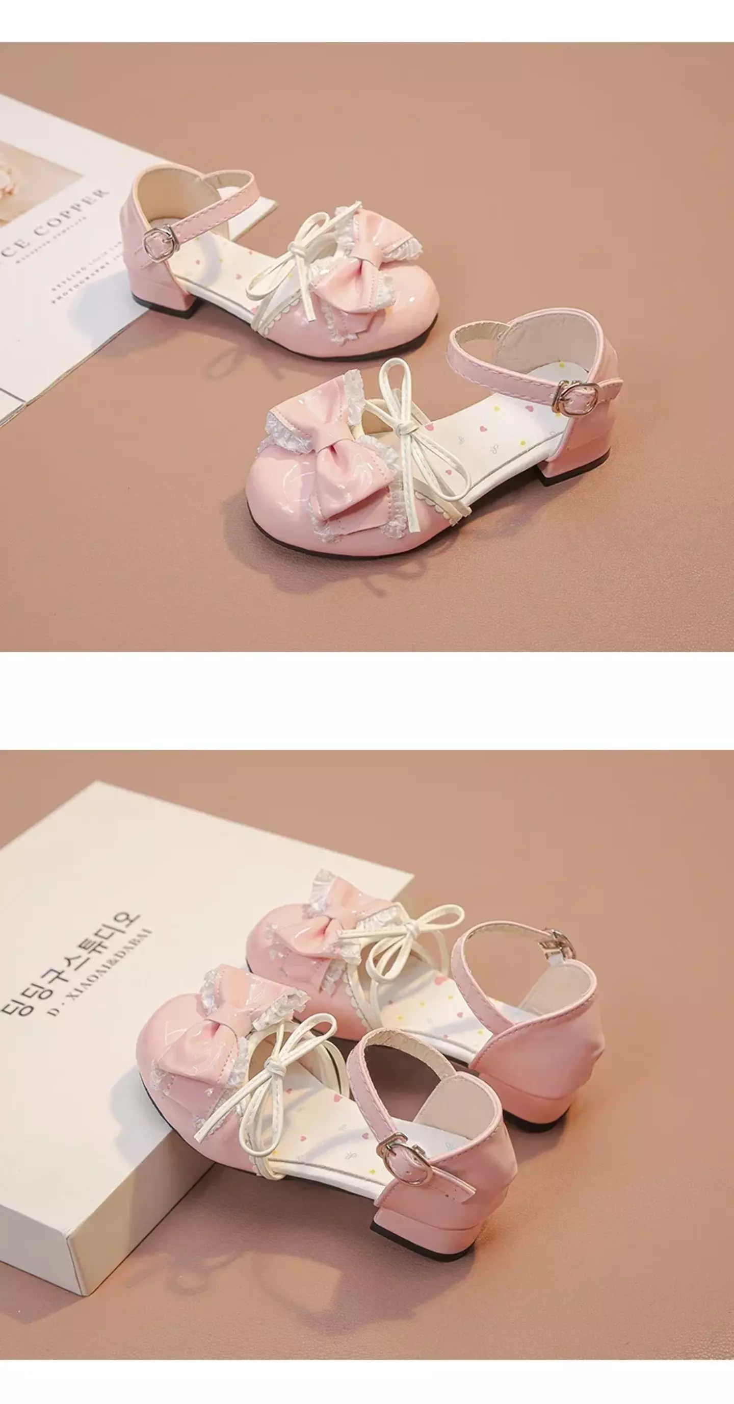 Girls Pink Frilled Lace Bow Block Heel Shoes with Buckle Ankle Strap | Lucys 10685