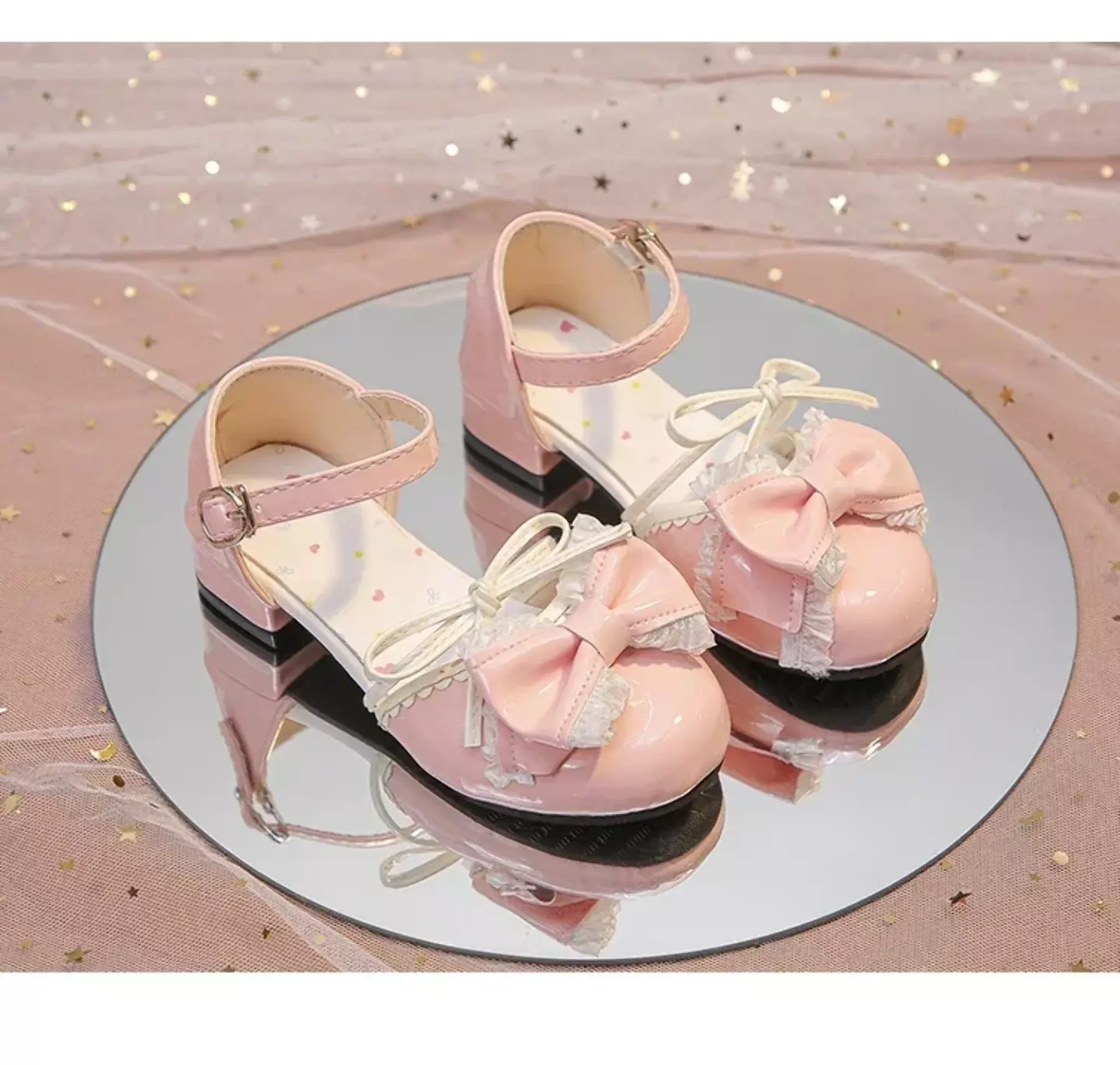 Girls Pink Frilled Lace Bow Block Heel Shoes with Buckle Ankle Strap | Lucys 10685