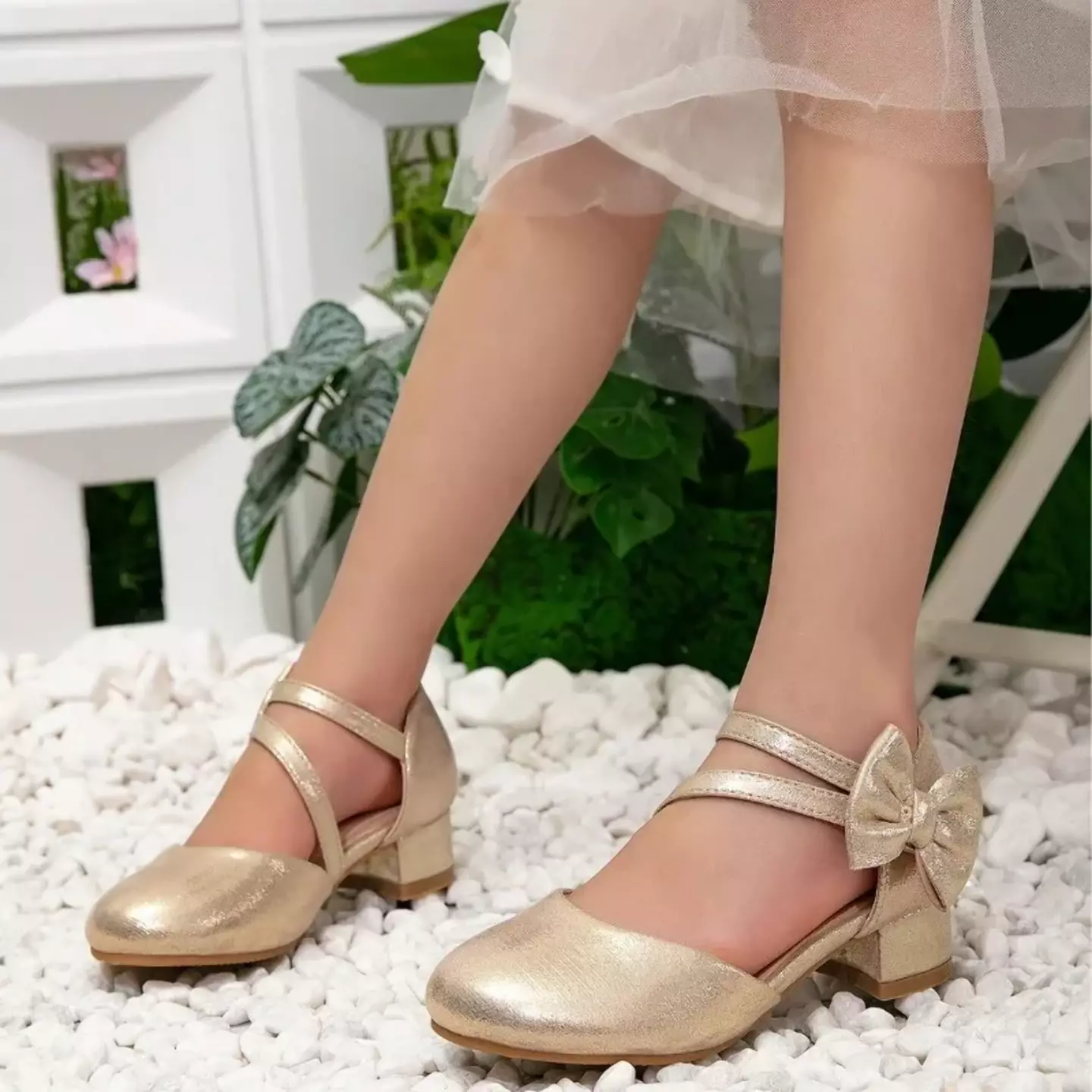 Girls Gold X Strap Sheer Bow Block Heel Shoes | Lucys 11160