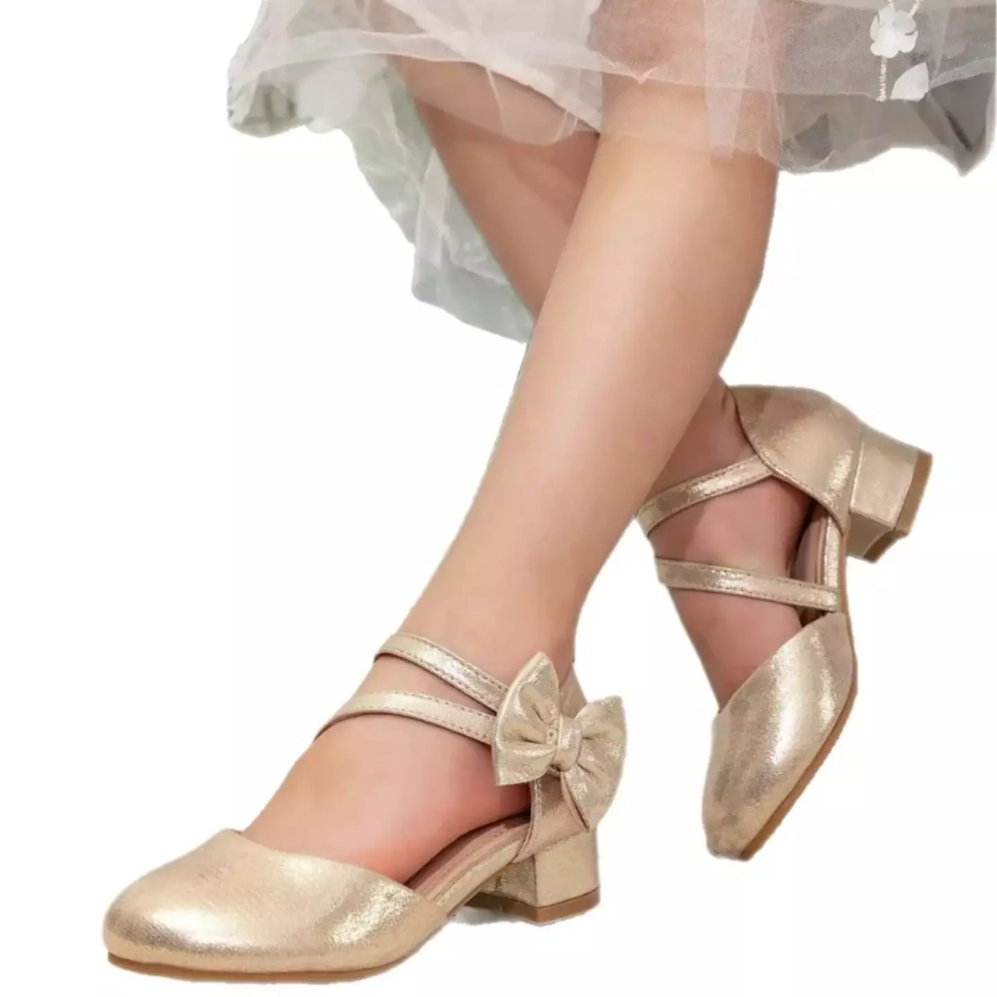 Girls Gold X Strap Sheer Bow Block Heel Shoes | Lucys 11160