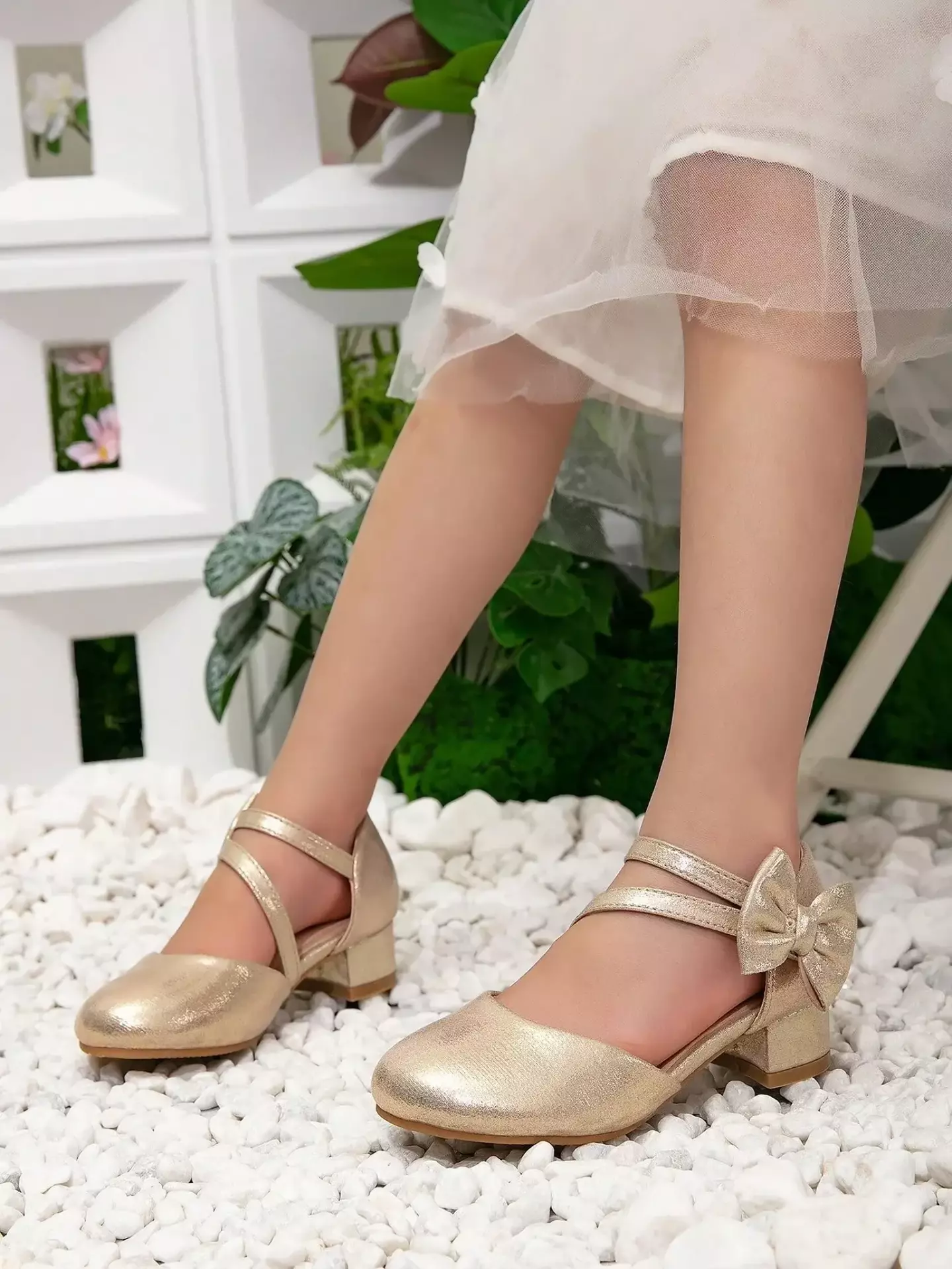 Girls Gold X Strap Sheer Bow Block Heel Shoes | Lucys 11160