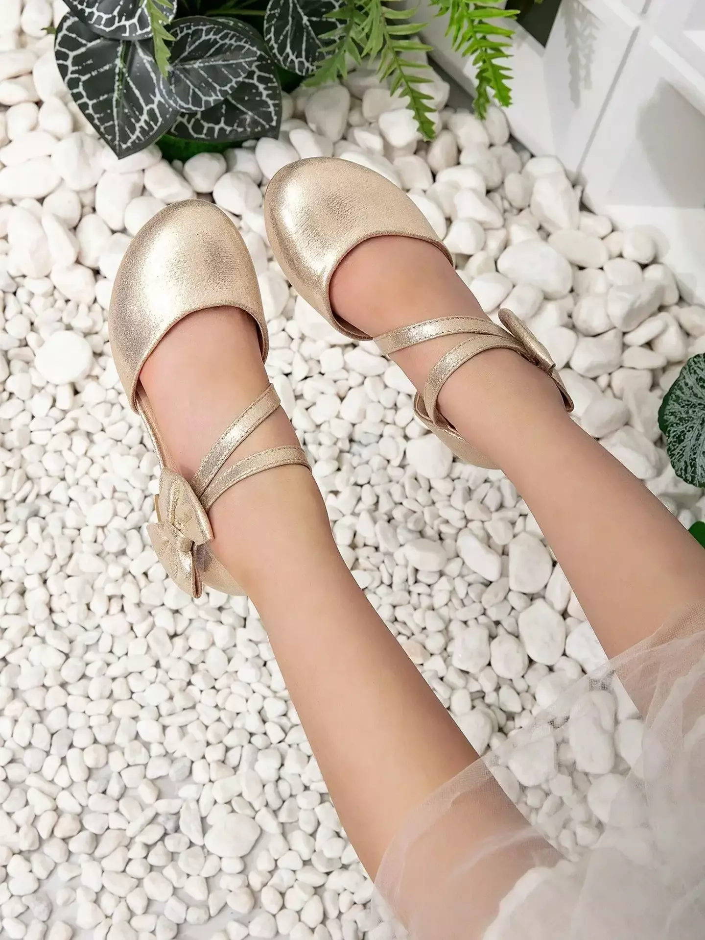 Girls Gold X Strap Sheer Bow Block Heel Shoes | Lucys 11160