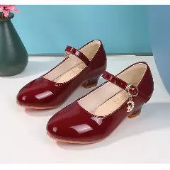 Girls Maroon Crescent Moon Charm Block Heel Mary Janes | Lucys 11188