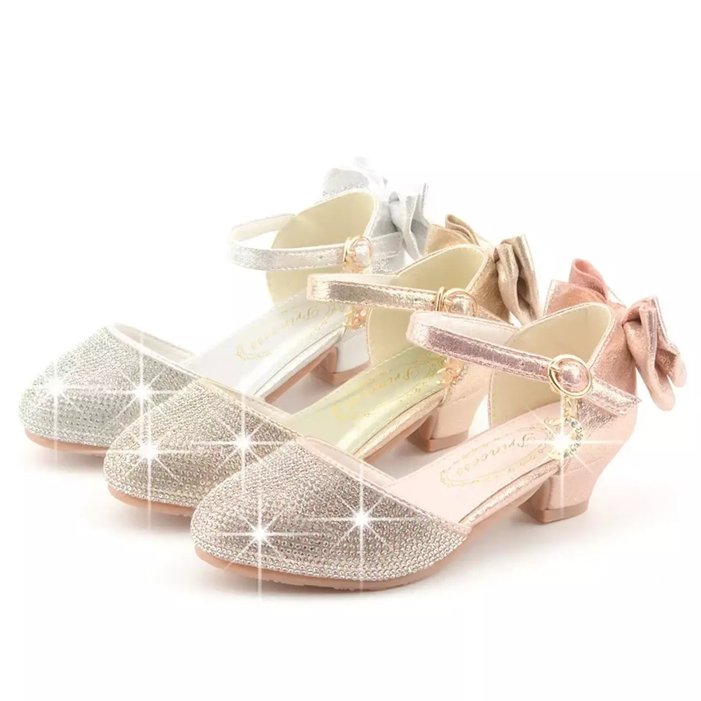 Girls Gold Rhinestone Toe Back Bow Dress Shoes | Lucys 11193