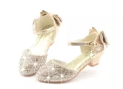 Girls Gold Rhinestone Toe Back Bow Dress Shoes | Lucys 11193